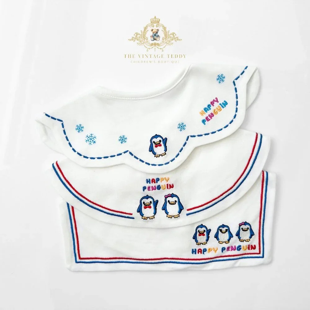NWT Adorable Boutique Embroidered Baby Bibs Cute Happy Little Penguins Set of 3